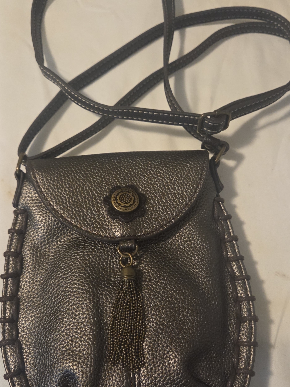 Chala Small Metallic Pewter Crossbody Bag with Tassel